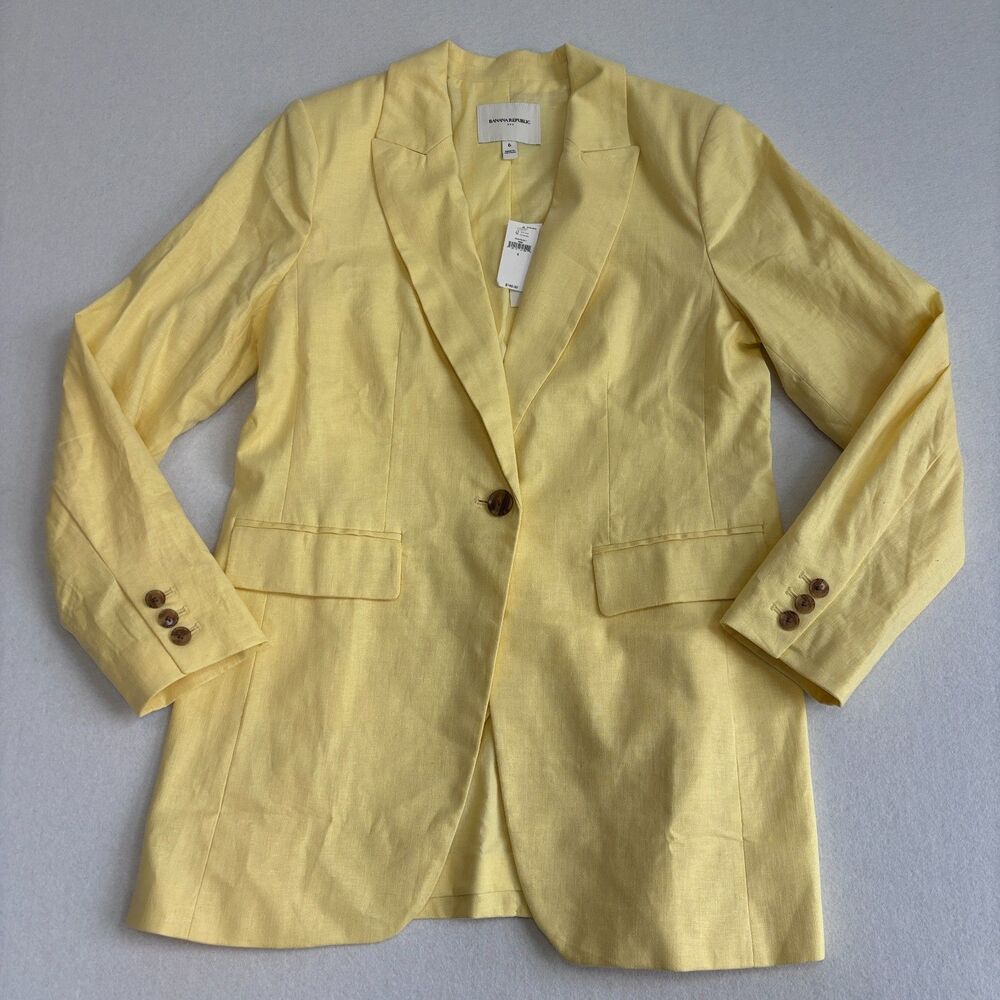 Banana Republic Linen Cotton Blazer Womens 6 Yellow Preppy Old Money Stretch NWT